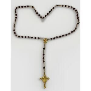 VTG Religious Catholic Rosary Necklace Red Beads Metal Brass Chain & Cross 40”